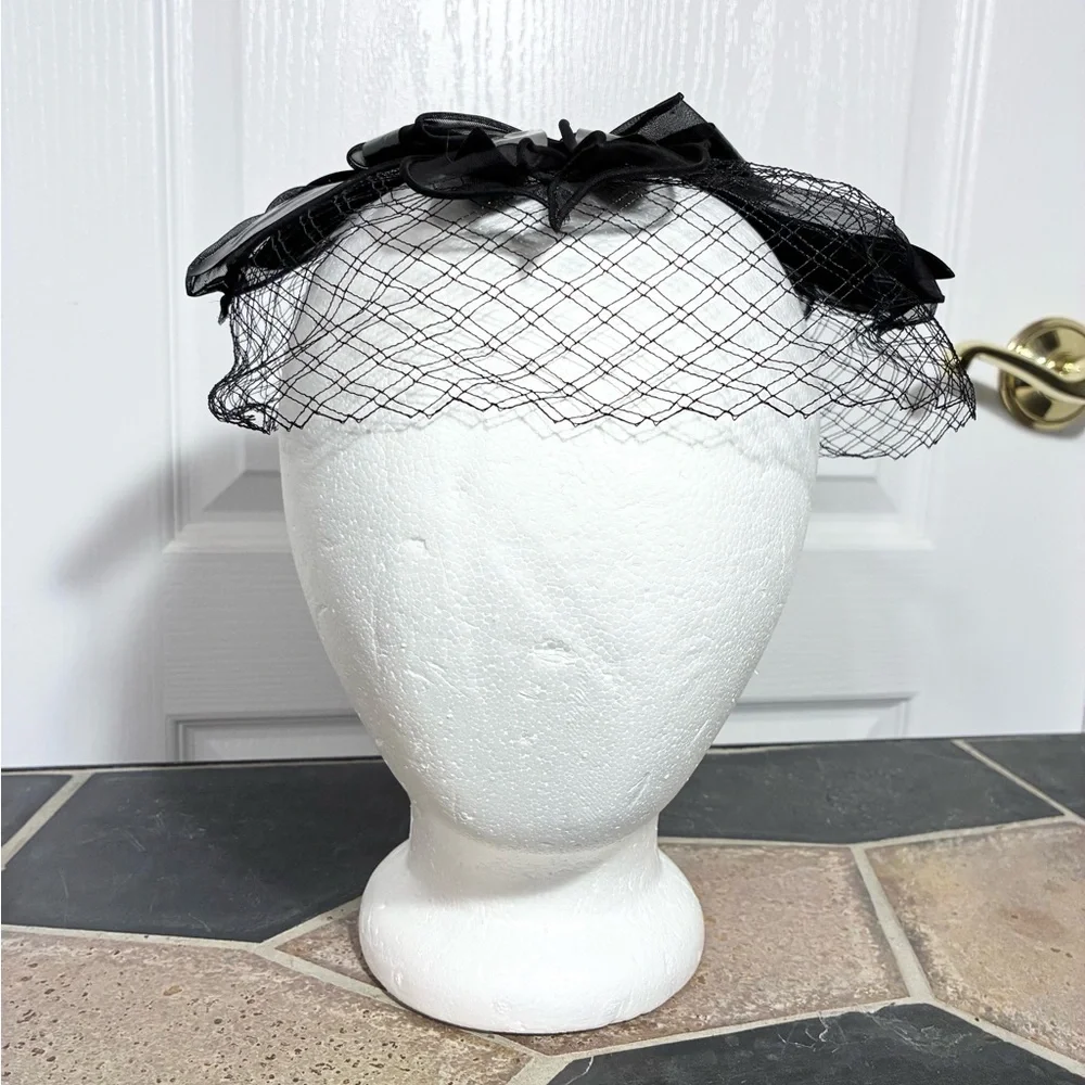 50s Mr. Lesley Veiled Cocktail Hat Black UNION MADE USA Vintage